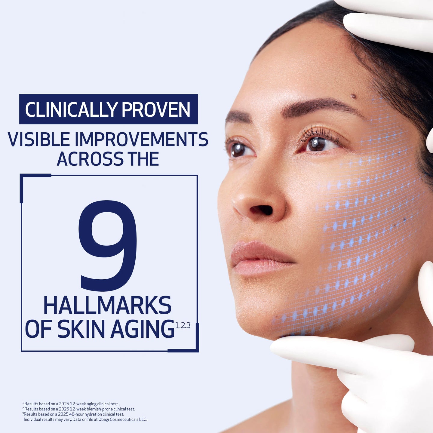Woman model showing benefits of using Obagi Nu-Gen text reads "Clinically Proven Visible Improvements across the 9 Hallmarks of Skin Aging"