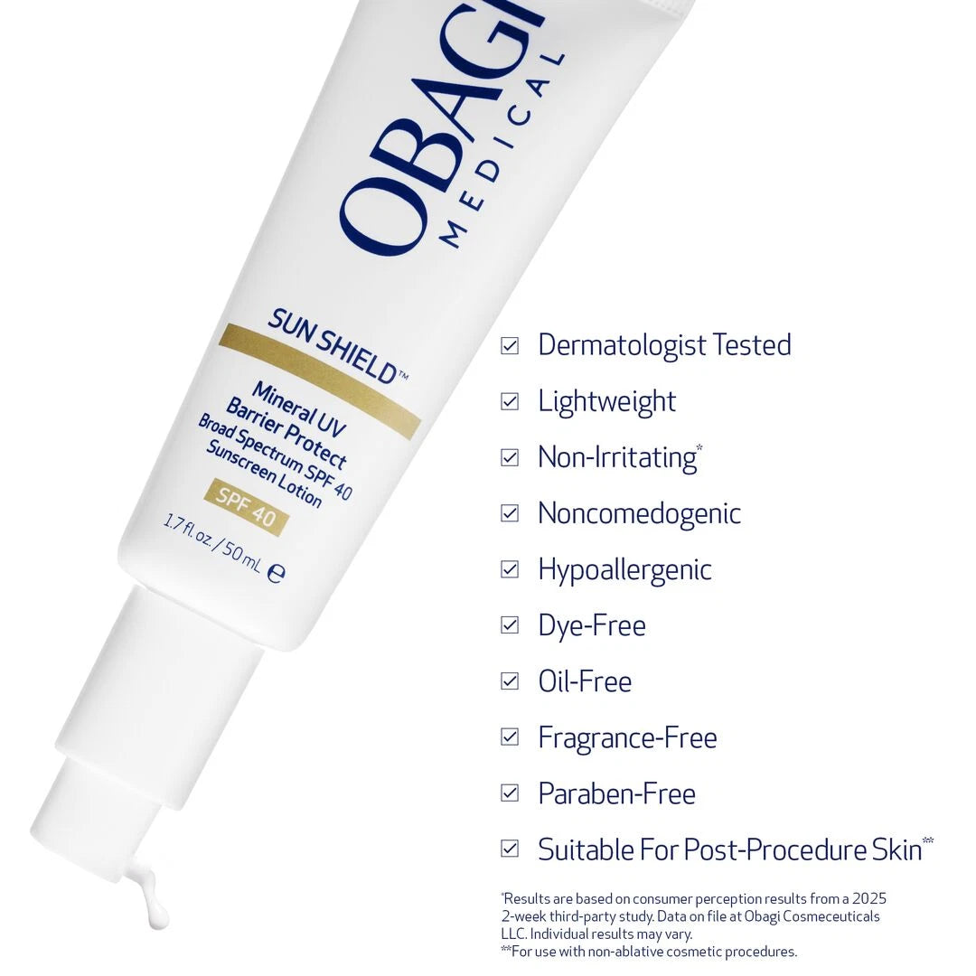 Obagi Sun Shield Mineral UV Barrier Protect Broad Spectrum SPF 40 with features listed on the right side including dermatologist tested, lightweight, non-irritating, noncomedogenic, hypoallergenic, dye- free, oil-free, fragrance-free, paraben-free, and suitable for post-procedure skin.