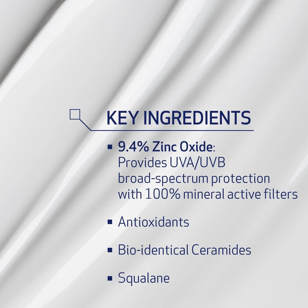 Obagi Sun Shield Mineral UV Barrier Protect Broad Spectrum SPF 40 key ingredients listed out which are zinc oxide, Antioxidants, Bio-identical Ceramides, and Squalane.