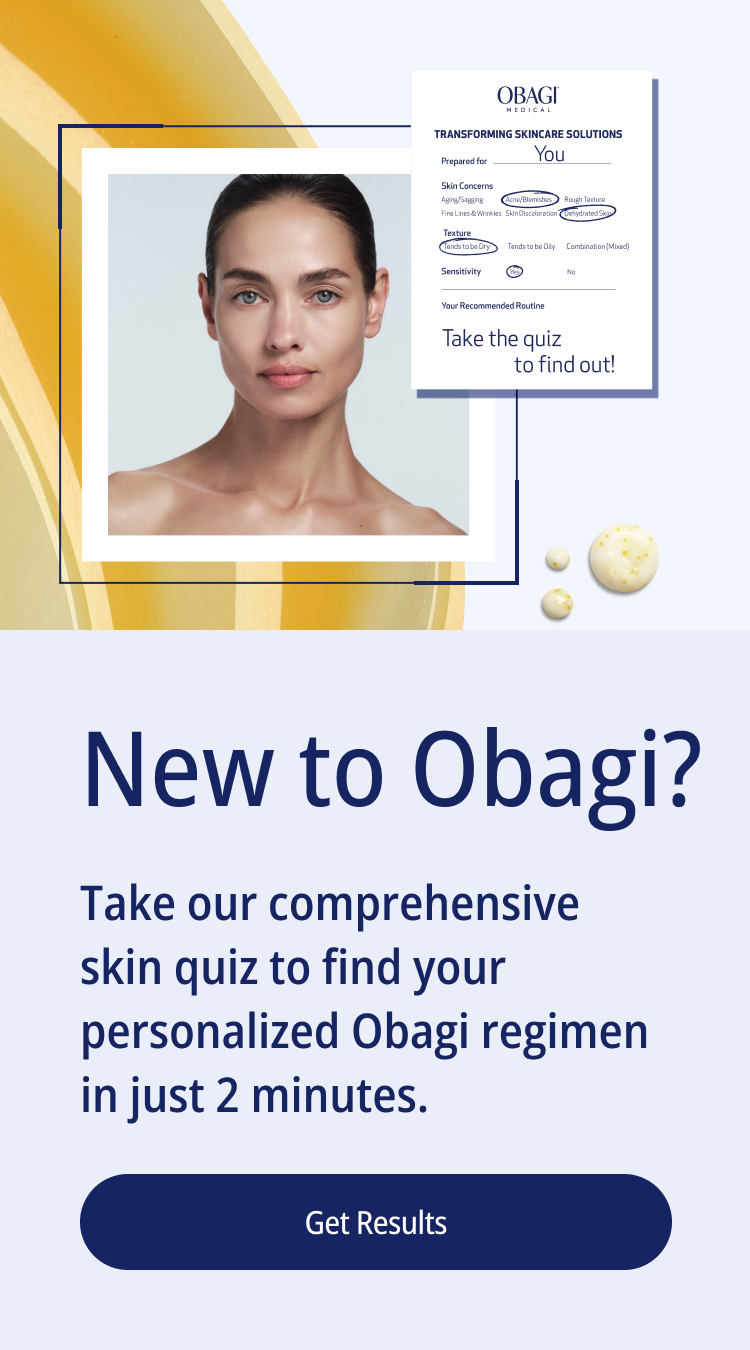 image of woman next to a prescription style notepad with skin concerns circled and an offer to take a skin quiz to find your skincare routine