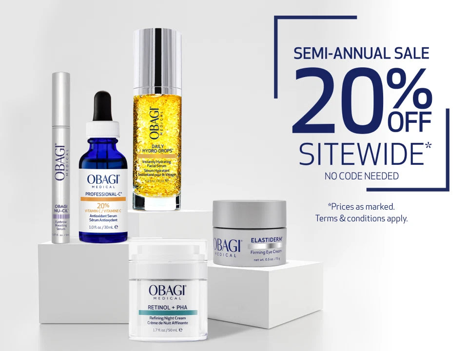 20% Off Sitewide Semi Annual Sale, no code needed, terms and conditions apply. stylized image with obagi bestsellers. desktop image