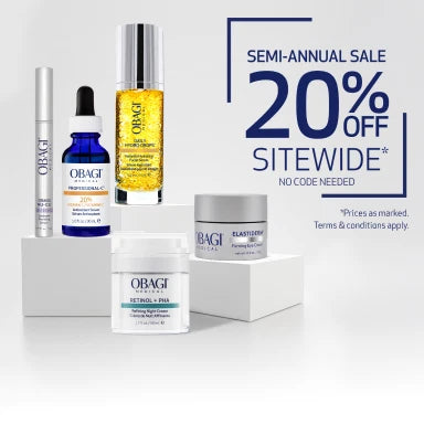 20% Off Sitewide Semi Annual Sale, no code needed, terms and conditions apply. stylized image with obagi bestsellers. mobile image