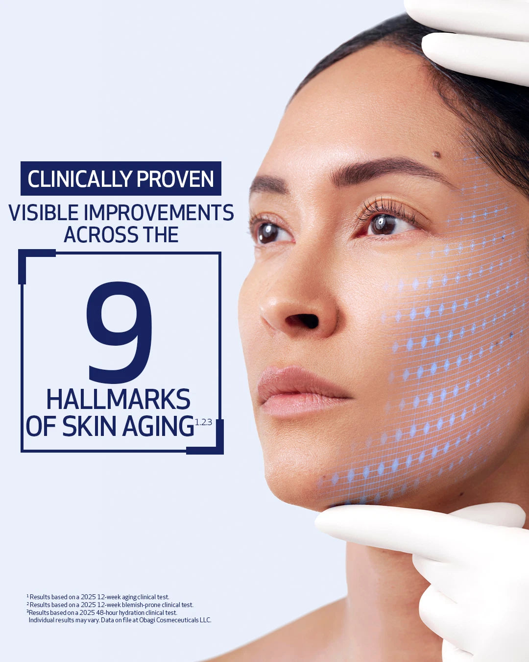 Woman model showing benefits of using Obagi Nu-Gen text reads "Clinically Proven Visible Improvements across the 9 Hallmarks of Skin Aging"