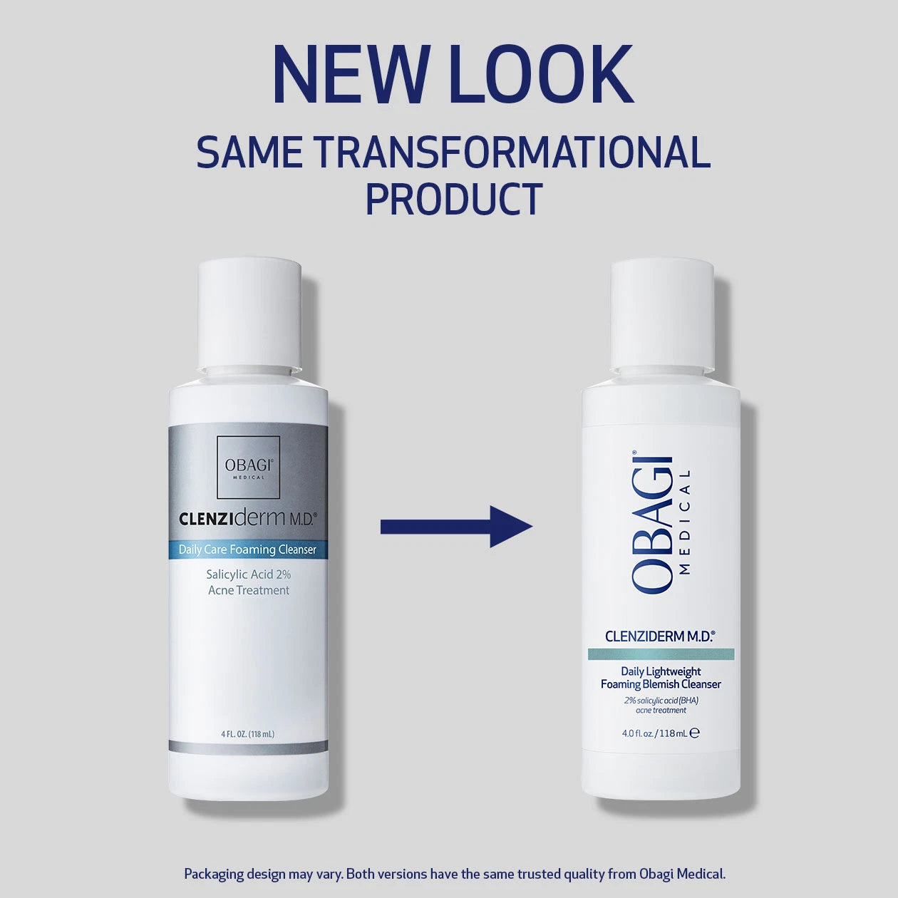 New Look, Same Transformational Product. Before and after packaging of Clenziderm M.D. Daily Care Foaming Cleanser