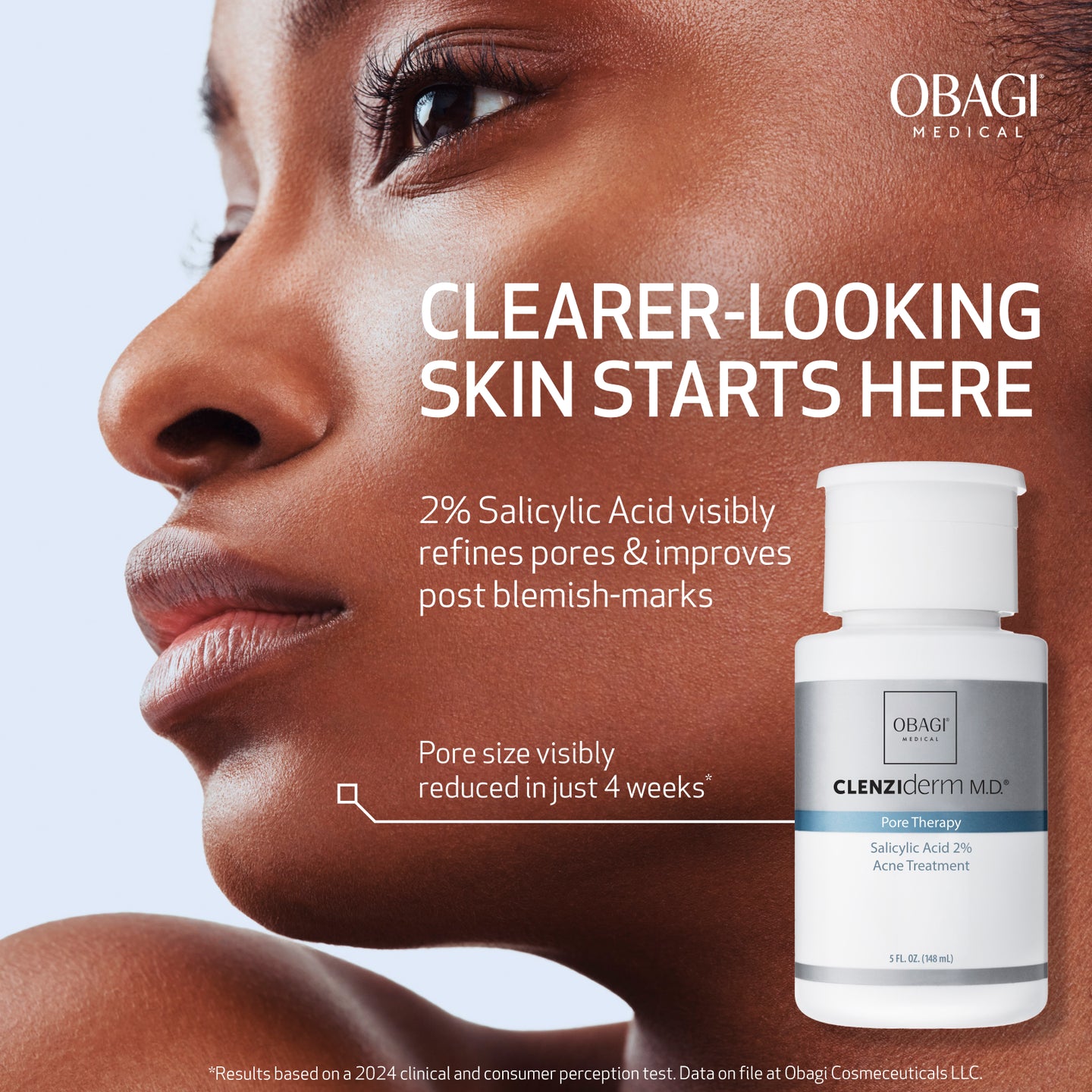 Clearer-looking skin starts with Clenziderm M.D. Pore Therapy 2% Salicylic Acid acne treatment. Desktop image of model and product