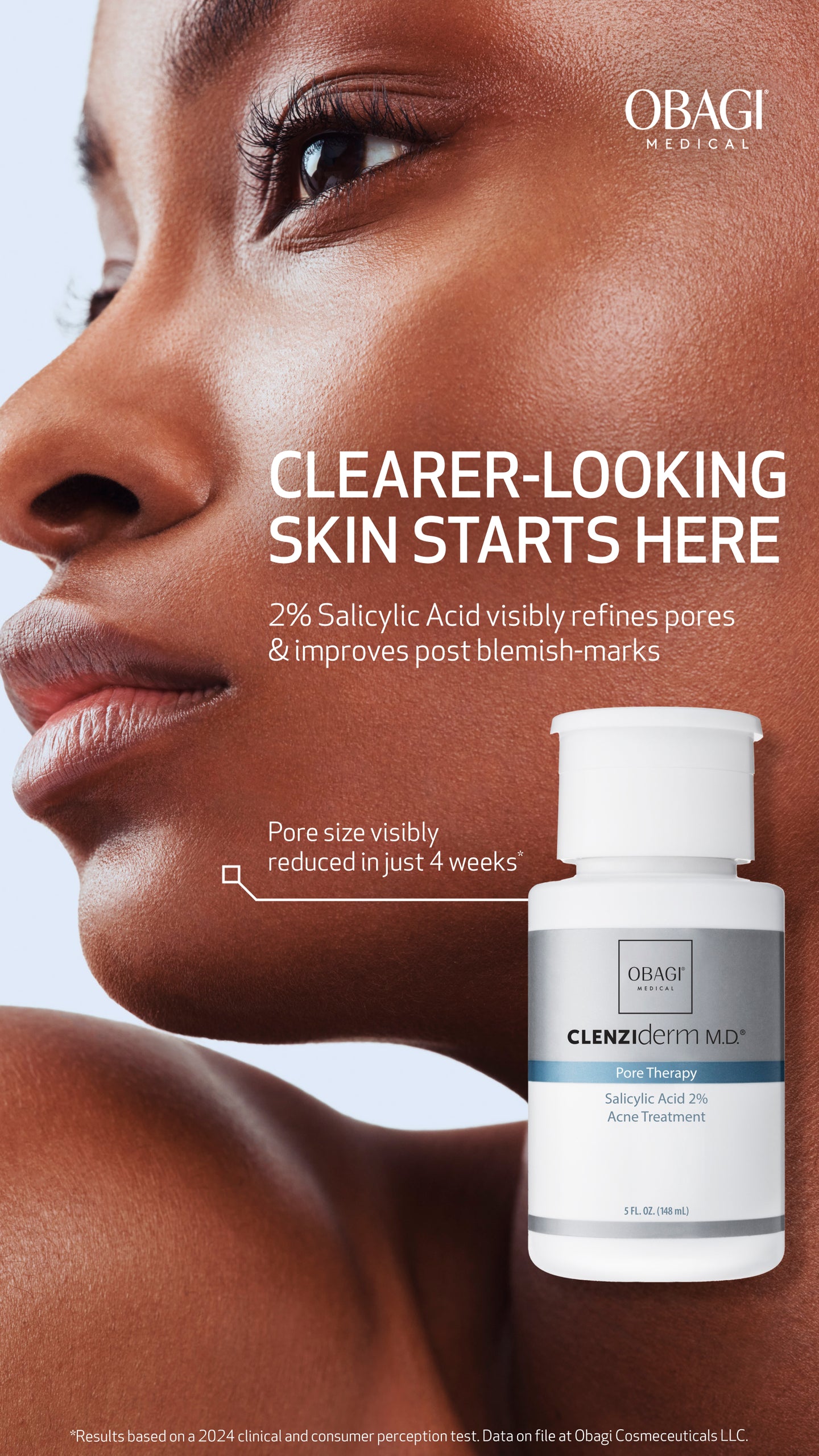 Clearer-looking skin starts with Clenziderm M.D. Pore Therapy 2% Salicylic Acid acne treatment. Desktop image of model and product