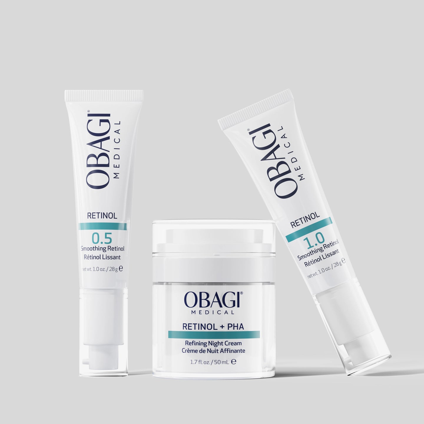 OBAGI RETINOL PRODUCT FAMILY IMAGE: RETINOL 0.5, RETINOL + PHA, RETINOL 1.0