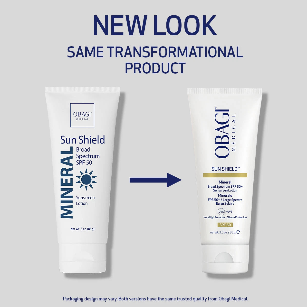 Sun Shield Mineral Broad Spectrum SPF 50+ Sunscreen lotion. New look, same transformational product packaging transition image